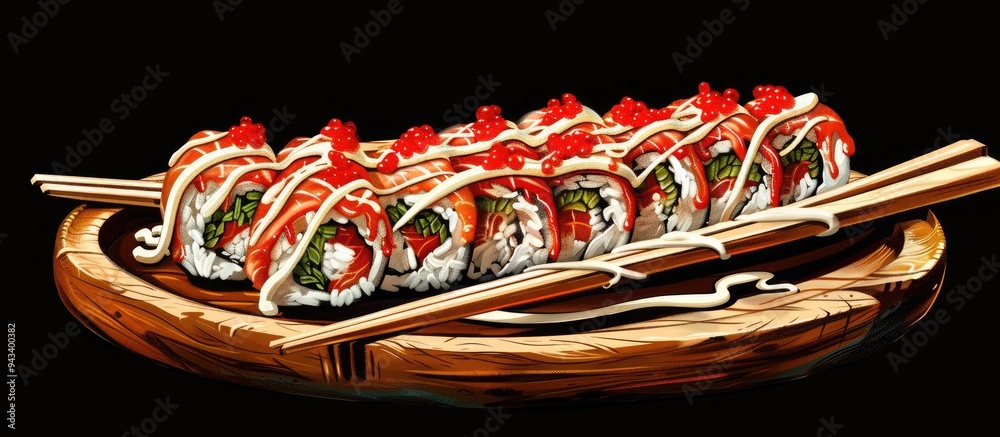 Aufkleber sushi rolls topped with red tobiko and mayonnaise on a wooden plate with chopsticks isolated on a wh