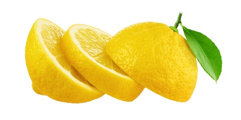 Sliced lemon with leaf isolated on white background