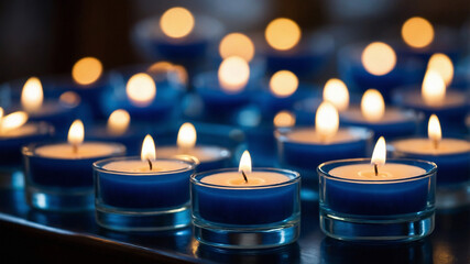 Rows of blue candles in intricate holders are lit, creating a warm and inviting glow on a wooden surface.