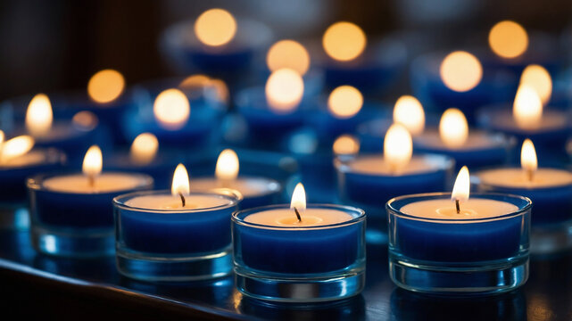 Rows of blue candles in intricate holders are lit, creating a warm and inviting glow on a wooden surface.