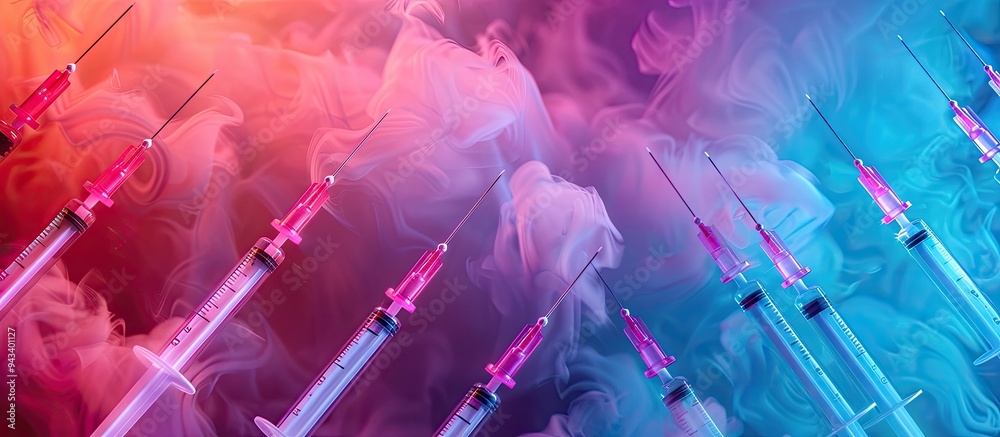 Aufkleber Aerial view of syringes on a vibrant backdrop with room for text Illustrating the concept of medical injection instruments. Creative banner. Copyspace image