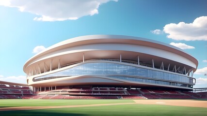 Field diamond daylight view of a grand baseball stadium with a contemporary public sport building in 3D render background.