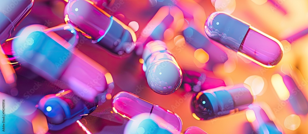 Poster Brightly colored paper background with amino acids capsules close up with soft focus enhancing the copy space image