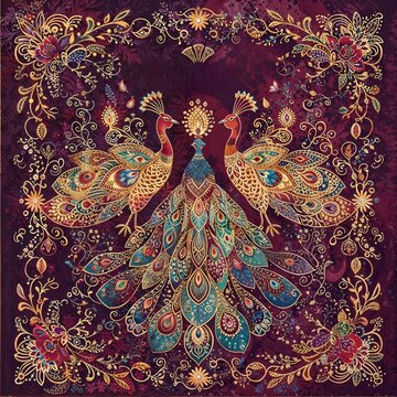 illustration of two peacocks adorned with colorful patterns, surrounded by ornate floral designs on a rich, dark background. mandala diwali festival background