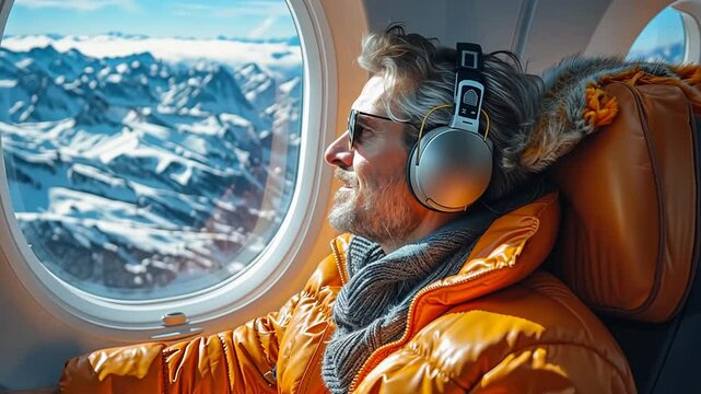 Enjoying a peaceful flight over snow-capped mountains while listening to music in a luxurious cabin