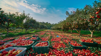 A large field of apples is ripe and ready for harvest