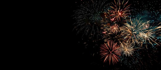 Fototapeta premium Vibrant fireworks illuminate the dark sky creating a striking display with copy space image
