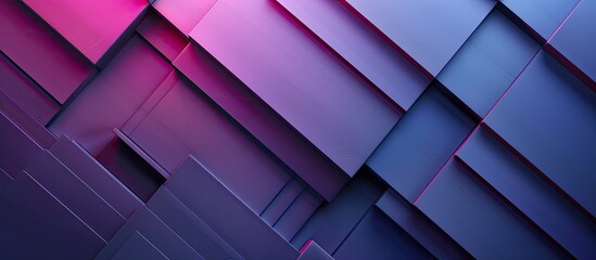 Geometric layers of slanted rectangular shapes overlap on a purple and navy gradient background in an abstract design with copy space image