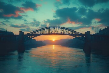 Obraz premium A bridge spanning a river, silhouetted against a pastel-colored sky