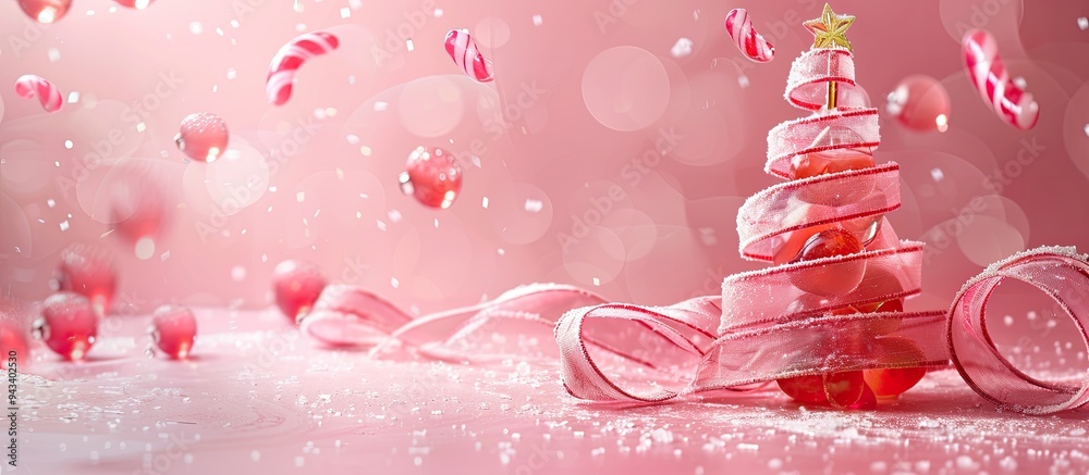 Poster pink background with jelly candies and ribbon shaped like christmas trees there s room for text in t