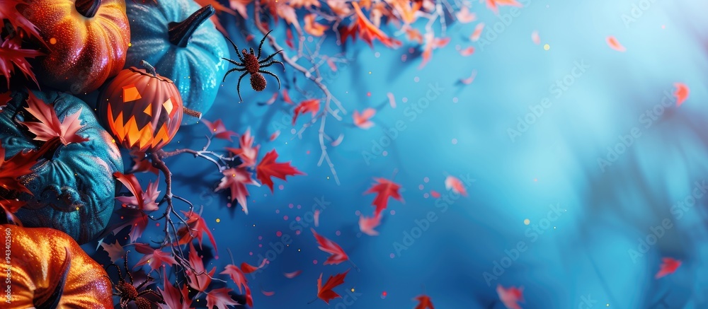Leinwandbilder a spooky halloween themed background featuring pumpkins spiders and a jack o lantern on a blue backd