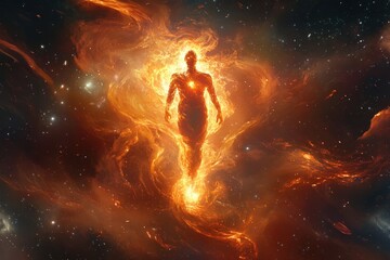 Fototapeta premium Fiery Humanoid Figure Floating in Deep Space