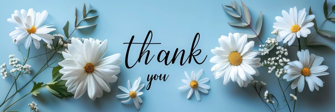Delicate white daisies arranged beautifully with a heartfelt thank you message on a soft blue background. Generative AI