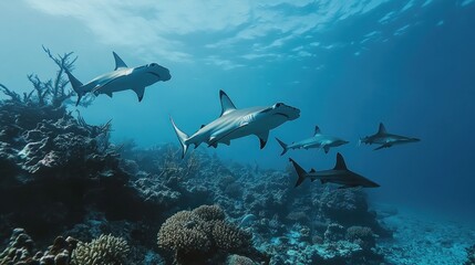 Naklejka premium Hammerhead Sharks Swimming Over a Coral Reef