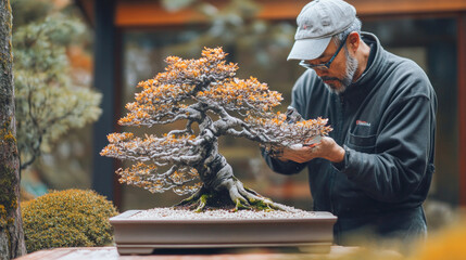 Gardener trimming bonsai tree branch with scissors in garden center