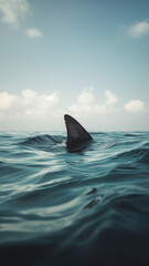 Fototapeta premium Shark fin breaking the surface of calm ocean waters under a clear sky, symbolizing danger and the unknown lurking beneath