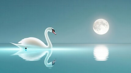 Fototapeta premium A peaceful, holographic swan gliding across a glowing, serene lake under a moonlit sky, Gentle reflections, Futuristic, Soft focus