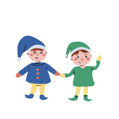 Childrens cute xmas elf characters, smiling persons in costumes. Happy holidays vector illustration. Christmas and new year flat cartoon celebration fairy character.