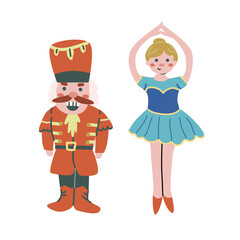 Childrens cute xmas nutcracker and ballet dancer joy characters set, smiling persons. Happy holidays concept vector illustration. Christmas and new year flat cartoon celebration fairy character.