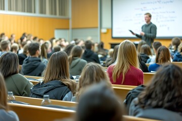 University lecture hall, teacher presenting, vibrant colors large classroom scene.