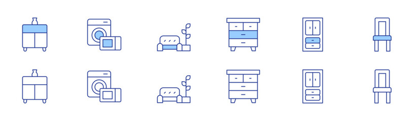 Home furniture icon set in two styles, Duotone and Thin Line style. Editable stroke. sideboard, chest of drawers, electronics, living room, cabinet, chair