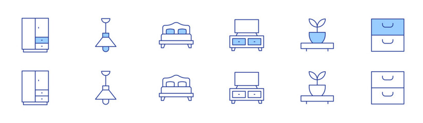 Home furniture icon set in two styles, Duotone and Thin Line style. Editable stroke. wardrobe, ceiling light, tv table, shelves, chest of drawers, double bed