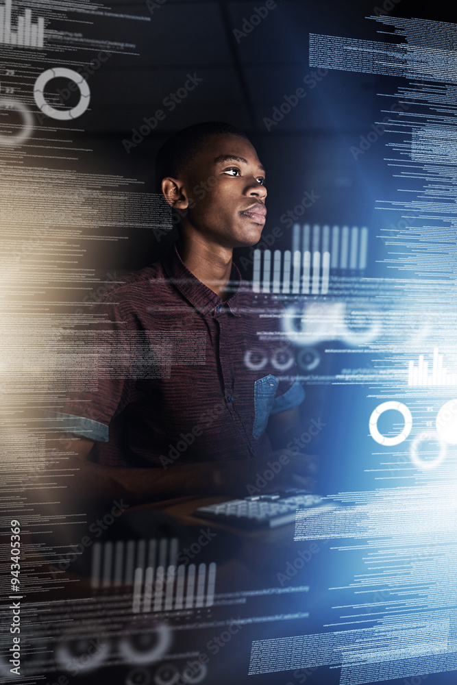 Poster Black man, programmer or night with overlay on computer for data, analysis or future development at office. Young African, male person or coder working late on futuristic technology, hud or dashboard