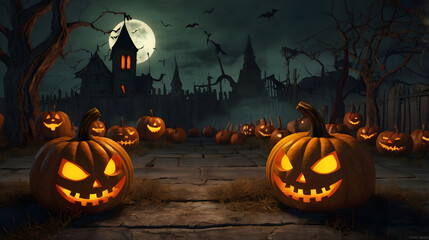 Scary pumpkins in spooky scary dark night, full moon, mystical fog. Halloween banner background.