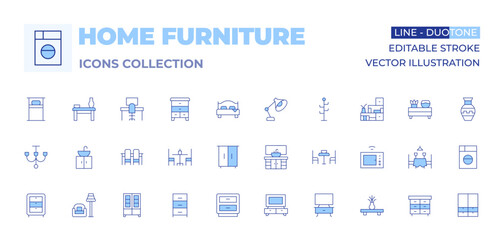 Home furniture icons collection. Line Duotone style, editable stroke. tv, table, chandelier, chest of drawers, sofa, drawers, cabinet, dinner table, bedside table, sink, cupboard, microwave