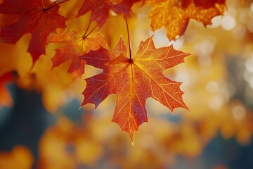 Obraz premium A close-up of a maple tree in autumn, with its leaves turning brilliant shades of red and orange