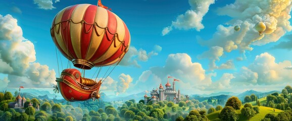 Fototapeta premium Fantasy Hot Air Balloon Flying Over a Magical Castle