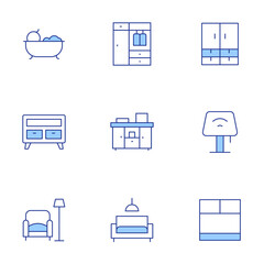Home furniture icons set. Line Duotone style, editable stroke. closet, bath, living room, cabinet, cupboard, furniture, desk lamp, wardrobe