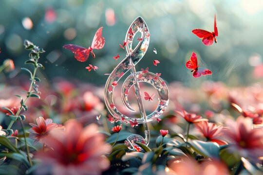 A magical musical note made of flowers, surrounded by butterflies.