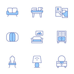 Home furniture icons set. Line Duotone style, editable stroke. picture, sofa, drawers, dresser, chair, coffee table, bean bag, desk lamp