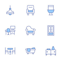 Home furniture icons set. Line Duotone style, editable stroke. lamp, office, cabinet, dinner table, bathtub, toilet, armchair, wardrobe