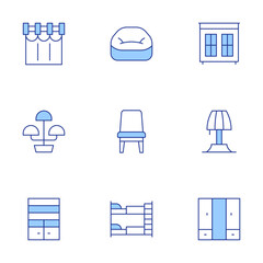 Home furniture icons set. Line Duotone style, editable stroke. shelving, wardrobe, flower pot, bunk bed, cabinet, chair, curtains, table lamp