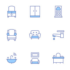 Home furniture icons set. Line Duotone style, editable stroke. water tap, door, closet, sofa, sink, desk, armchair, dressing table