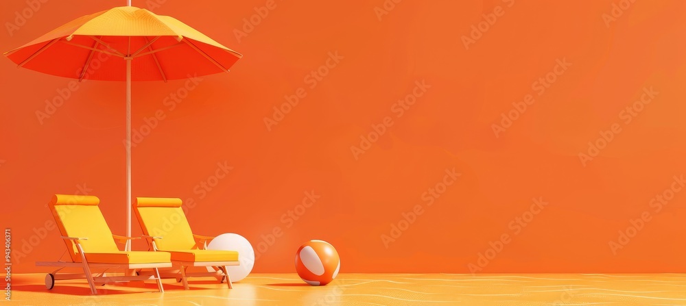 Canvas Prints two beach chairs with parasol on lush orange summer background , generative ai