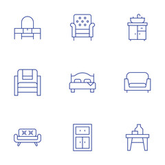 Home furniture icons set. Thin Line style, editable stroke. armchair, bed, cabinet, sink, sofa, table, dresser, home decor, living room