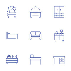 Home furniture icons set. Thin Line style, editable stroke. armchair, bed, cabinet, sink, sofa, table, closet, cupboard, desk