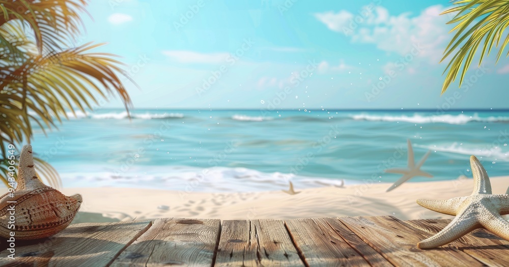 Canvas Prints top of a wooden table with a seascape and palm leaves in the background