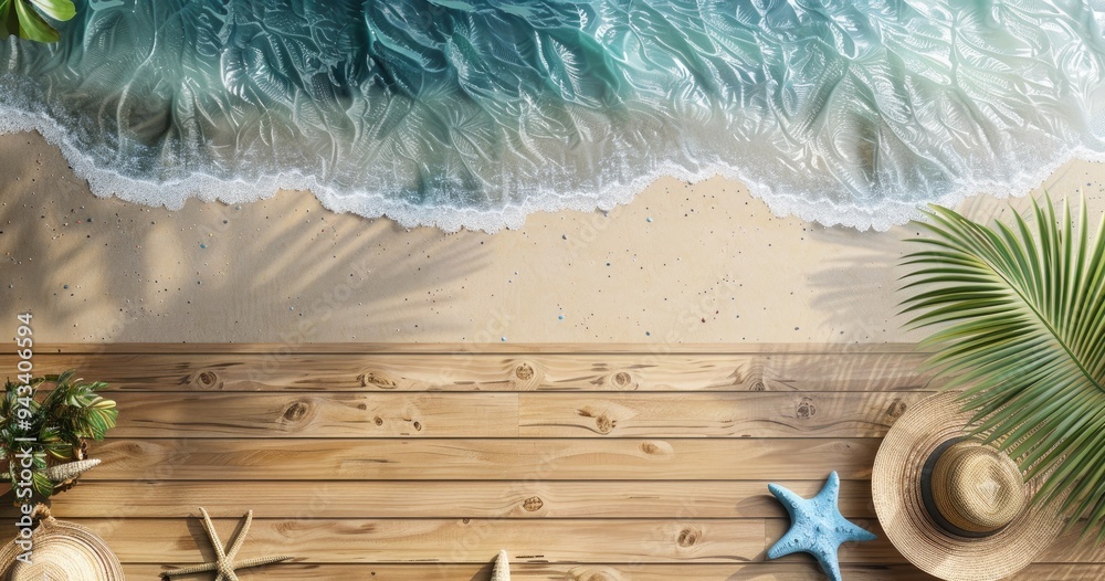 Canvas Prints top of a wooden table with a seascape and palm leaves in the background