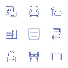 Home furniture icons set. Thin Line style, editable stroke. armchair, bedside table, cabinet, sofa, table, electronics, kitchen, mirror