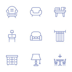 Home furniture icons set. Thin Line style, editable stroke. armchair, bedside table, cabinet, sofa, table lamp, coffee table, curtain, dining table
