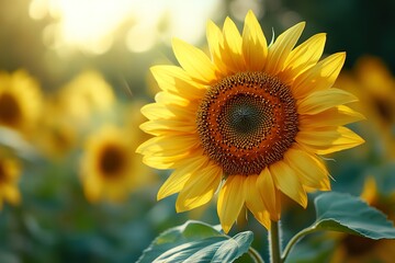 Obraz premium A close-up of a sunflower, with its large, golden petals and dark brown center filled with seeds