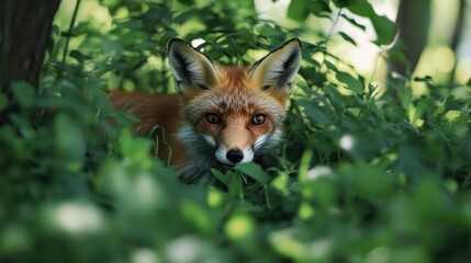 Fototapeta premium Red Fox Peeking Through Green Foliage