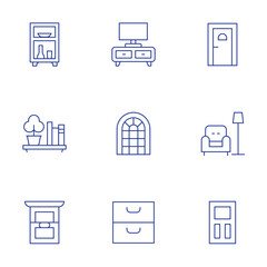 Home furniture icons set. Thin Line style, editable stroke. shelving, shelf, chest of drawers, tv table, door, rest, window