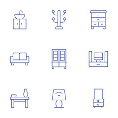 Home furniture icons set. Thin Line style, editable stroke. sink, sofa, table, clothes rack, cupboard, desk lamp, dresser, home theater, mirror
