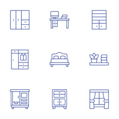 Home furniture icons set. Thin Line style, editable stroke. wardrobe, workspace, shelving, double bed, shelf, drawers, window