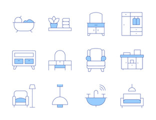 Home furniture icons. Line Duotone style, editable stroke. bath, living room, cabinet, furniture, dresser, shelf, sink, lamp, armchair, dressing table, wardrobe